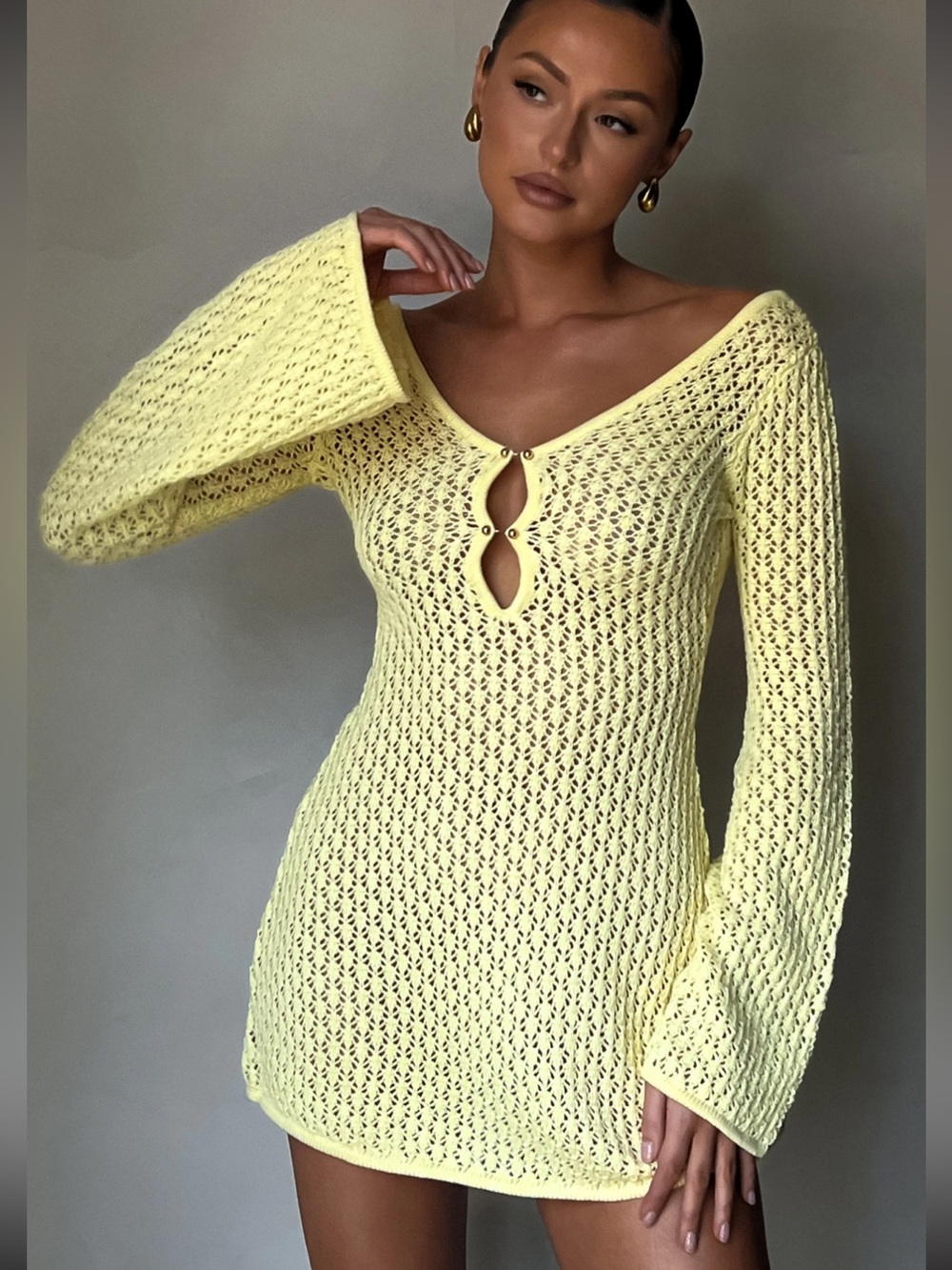 Meshki Crochet Knit Mini Dress - Lemon